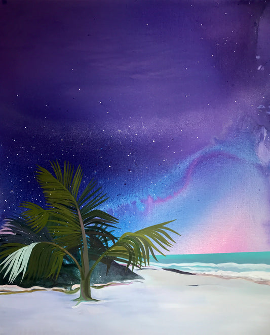 Tulum by Javiera da Fonseca Ilić – detail of tropical agave and palm leaves catching mysterious light against deep violet Tulum night sky