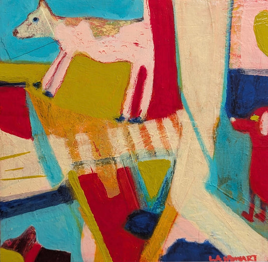 Canine Triptych III by Lesley – detail of small alert dog mid-stride on bold red, yellow, and turquoise ground