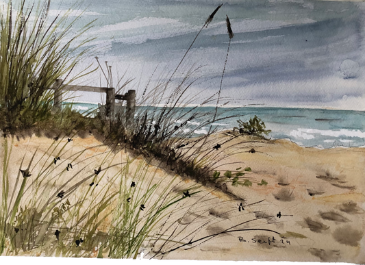 North Sea Dunes by Batia – detail of marram grass bending in wind alongside wooden fence post on warm sandy dune path