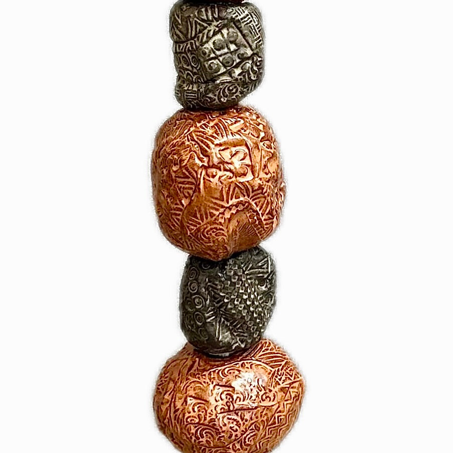 Stone Perch 2 by Zimmerman – full 54-inch view of intimate Stone Perch series totem in copper and charcoal with incised sphere surfaces