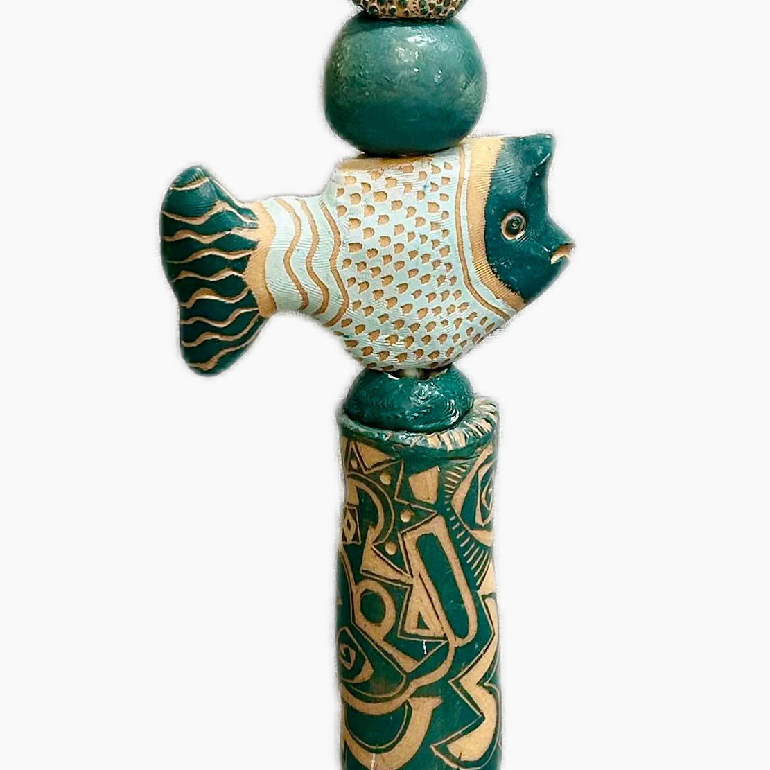 Associates in Teal by Zimmerman – full 70-inch view of bird, face, fish, and geometric forms unified by teal palette reading as single world from across room