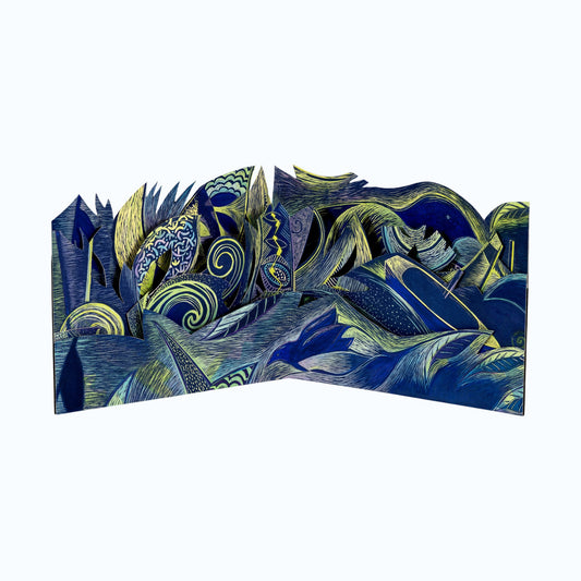 Resiliency 1 Carousel – sculptural carousel book by Ruiz in deep blue and olive green with layered relief printed waves, peaks, boat form, and spiral suggesting navigation and hope