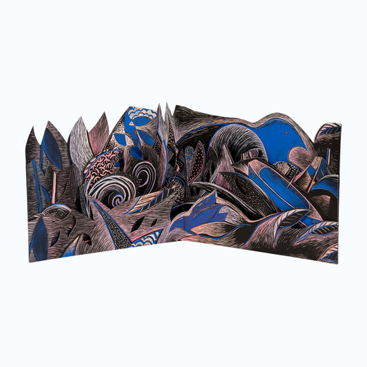 Resiliency 3 Carousel – sculptural carousel book by Ruiz opened flat to reveal hand-printed peaks and valleys in deep earth tones and midnight blue, made from gouged linoleum printed in layers and assembled into three-dimensional form