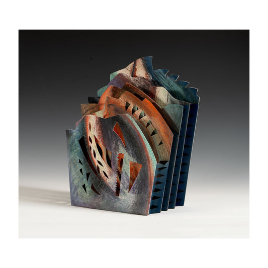 Citadel – complex sculptural artist book by Ruiz in deep teal, rust, and warm brown with pages cut and assembled into architectural walls, gates, and passages evoking international city interiors