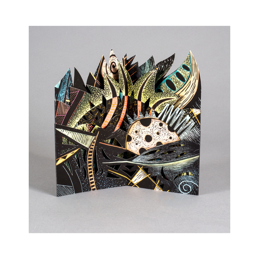 Portadores del Mar – small sculptural carousel book by Ruiz with sharp angular bird and fish forms in layered printmaking rising from the sea, about the relationship between living things and water