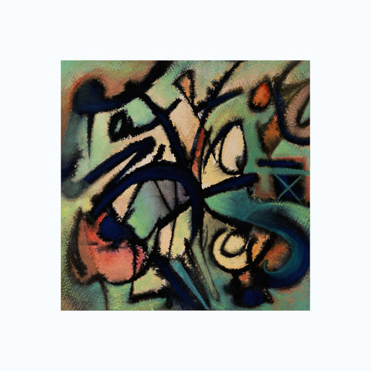 Alphabet Soup 7 – small painting by Ruiz with bold black calligraphic marks resisting reading against a ground of teal, salmon, and warm beige, language as pure visual energy