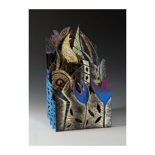 Tierra de los Sueños II – intricate sculptural artist book by Ruiz with pages densely printed in dark earth tones and deep blue with gold and blue painted accents, combining linocut printing, hand coloring, and complex book structure