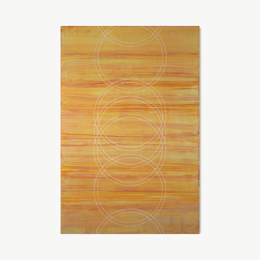Expansion – large vertical painting by Koury in warm amber and burnt orange with dense horizontal striations and multiple stacked overlapping white circle forms built from interference paints and metal leaf