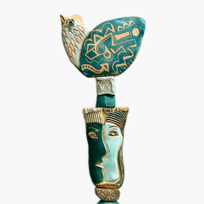 Associates in Teal by Zimmerman – detail of teal-glazed bird at crown and abstract mark language drawn into clay in this unified world totem