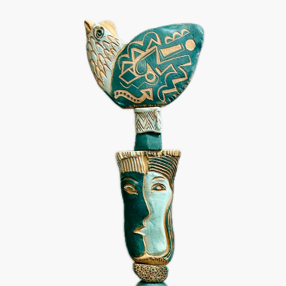 Associates in Teal by Zimmerman – detail of teal-glazed bird at crown and abstract mark language drawn into clay in this unified world totem