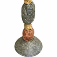 Stone Perch 1 by Zimmerman – close-up of coral-bronze forms with spirals and botanical marks alternating with charcoal in 71-inch ceramic statement