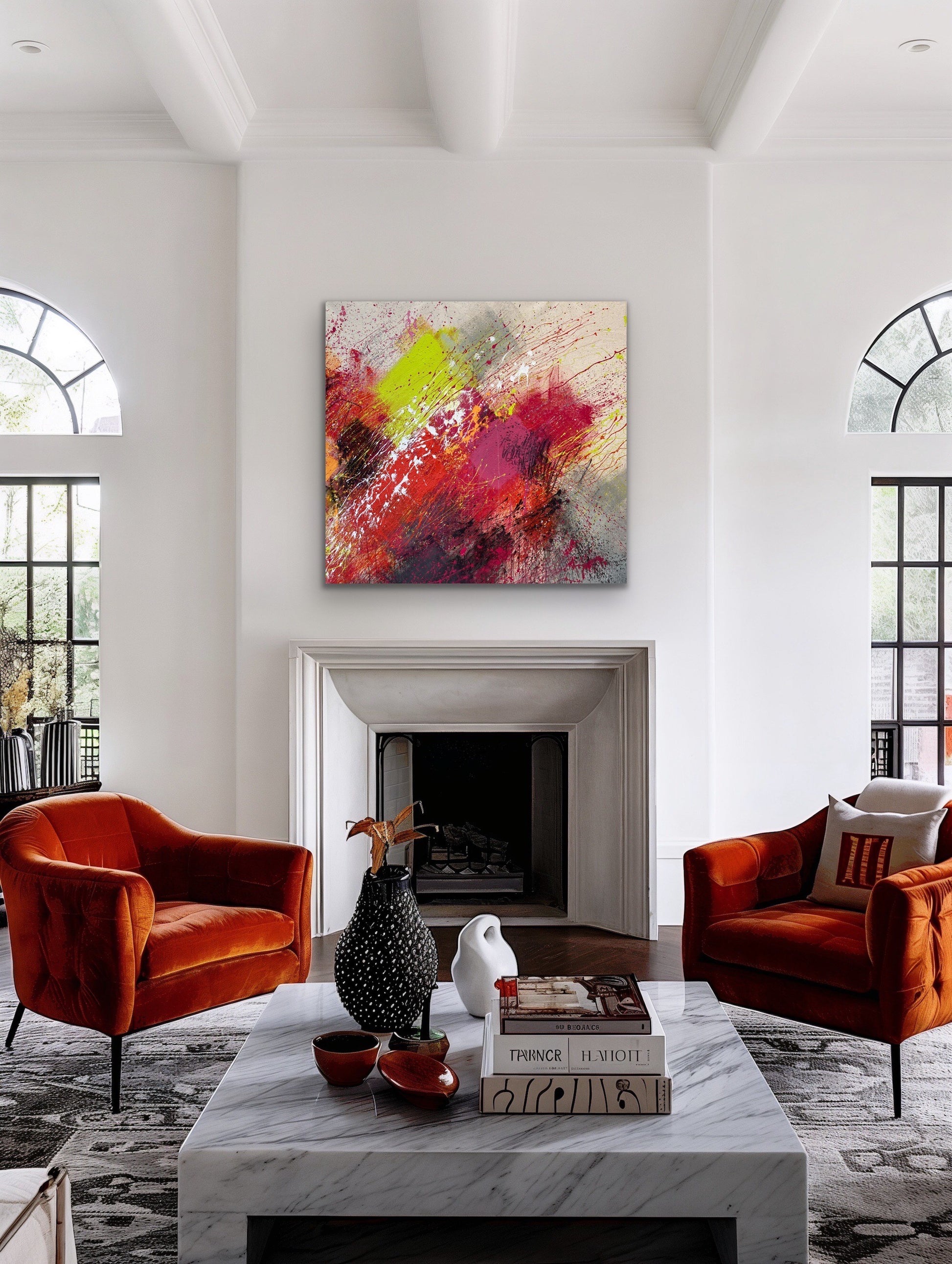 Alive by Beth Shields displayed in a room — square abstract painting with explosive diagonal composition