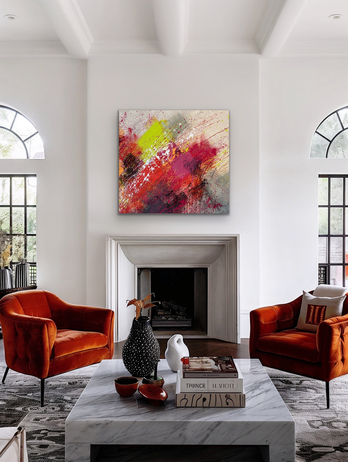 Alive by Beth Shields displayed in a room — square abstract painting with explosive diagonal composition