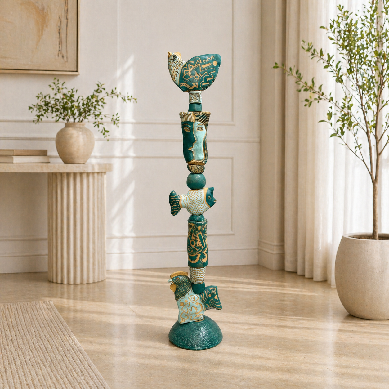 Associates in Teal by Zimmerman – totem installed indoors or in garden where teal glazes take on different quality in natural light
