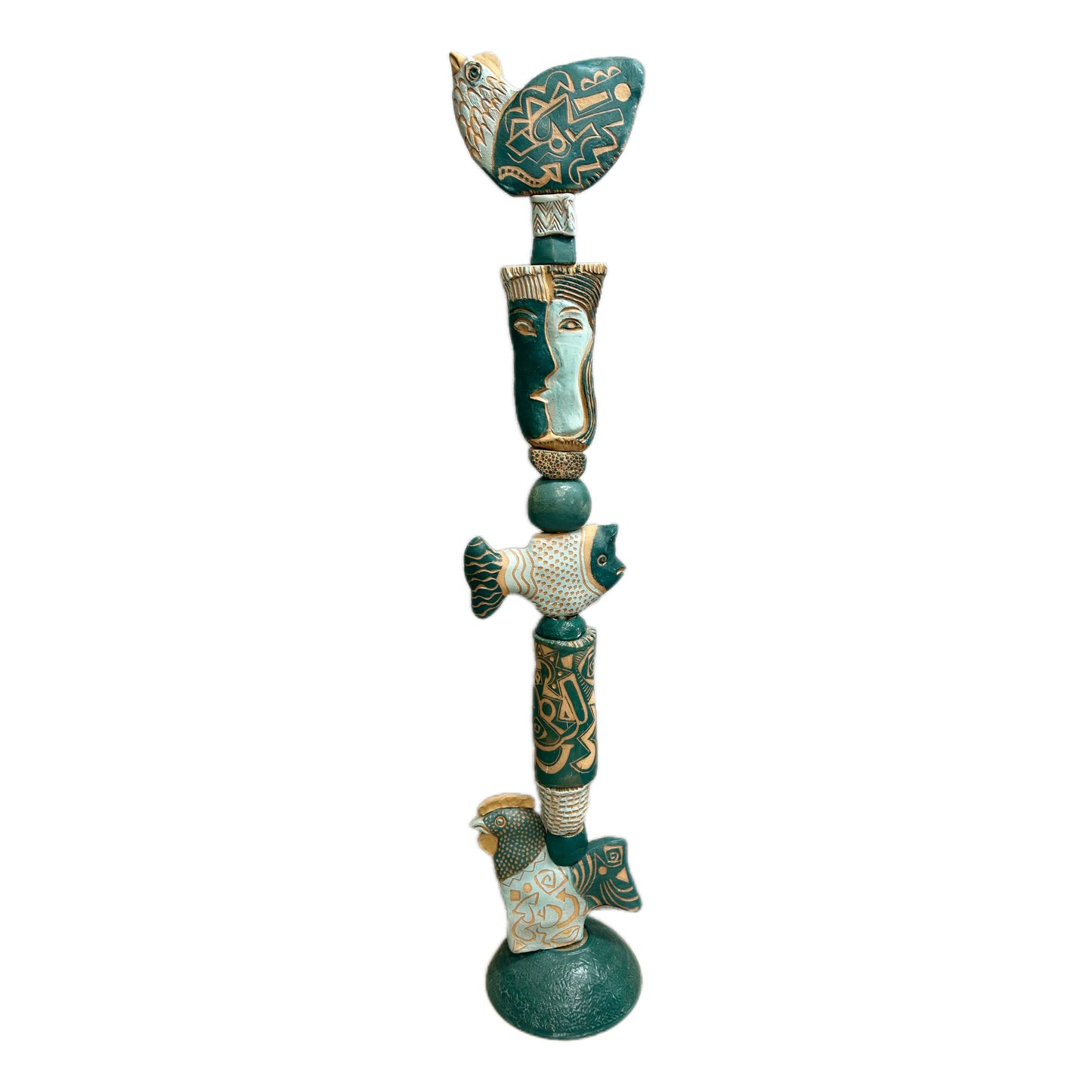 Associates in Teal Ceramic Totem – tall 70-inch hand-built ceramic totem by Zimmerman with bird at crown, face with quiet authority in middle, fish forms below, bold abstract marks throughout in unified teal, cream, and warm clay palette from printmaker-turned-ceramicist
