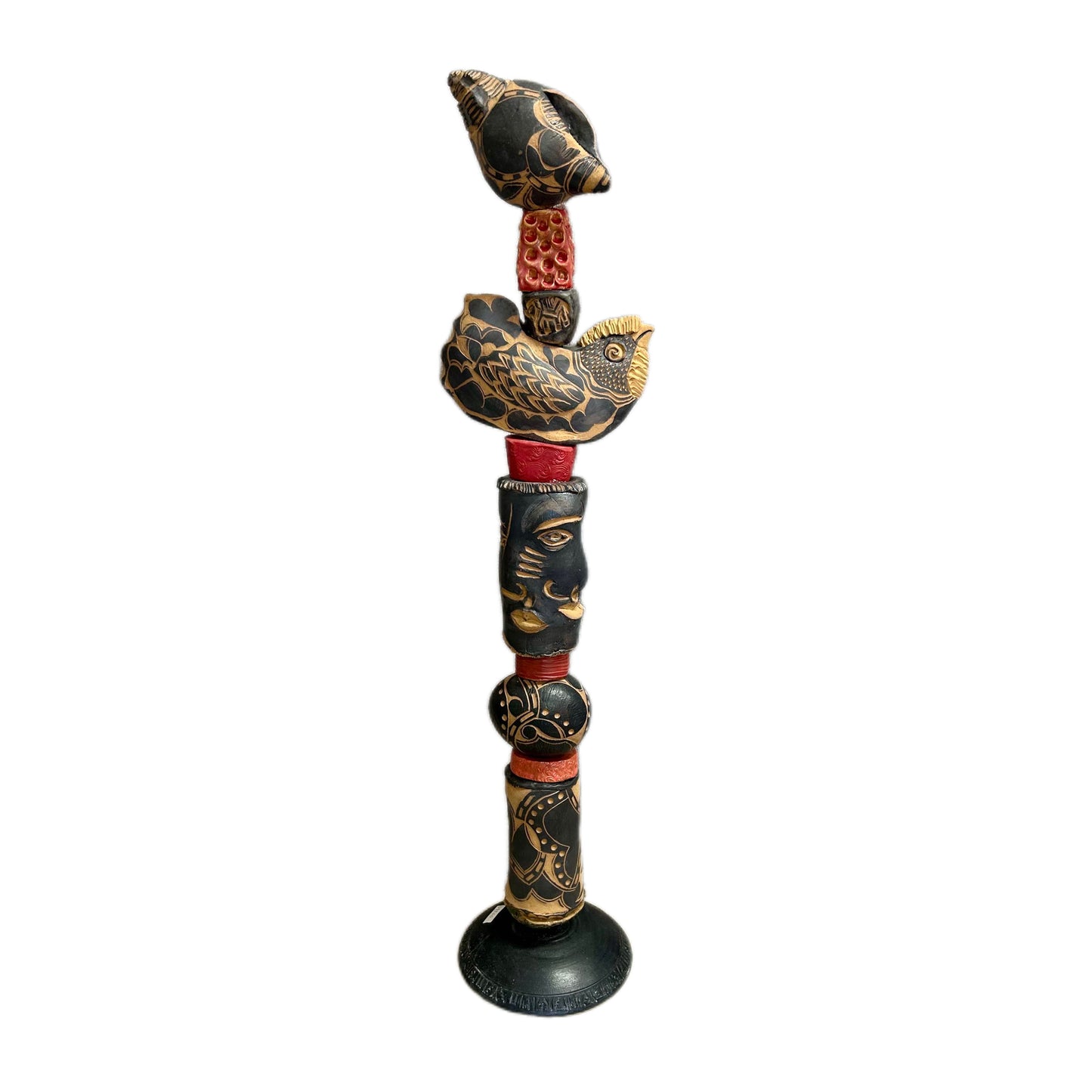 The Black Shell by Zimmerman – detail of black and cream conch shell with bold floral marks at crown of nocturnal totem