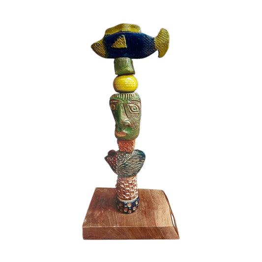 Blue Fish Ceramic Totem – compact 26-inch hand-built ceramic totem by Zimmerman with bold flat fish at crown with carefully worked scales, face below, another fish further down, in warm ochre, coral, and earthy green from Venice Beach pottery tradition