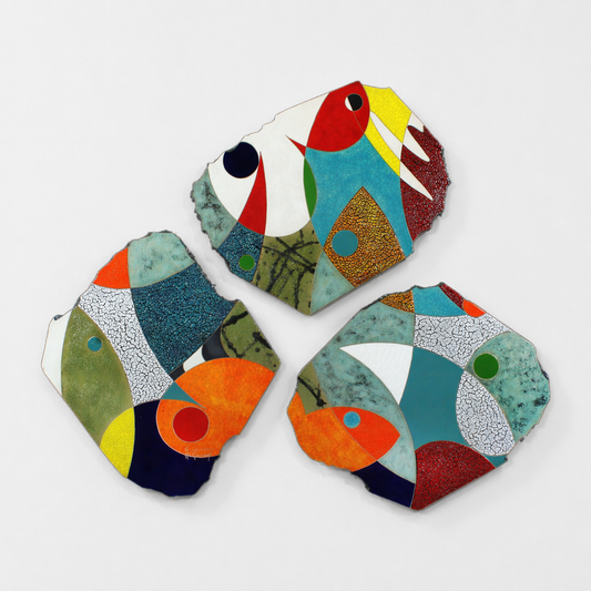 Delightful Day Triptych – three irregularly shaped studio raku ceramic slabs by Gustavson in vivid white, teal, red, gold, orange, navy, and crackled yellow, each slab fired separately with Cubist confidence in one of the most celebratory works in the collection