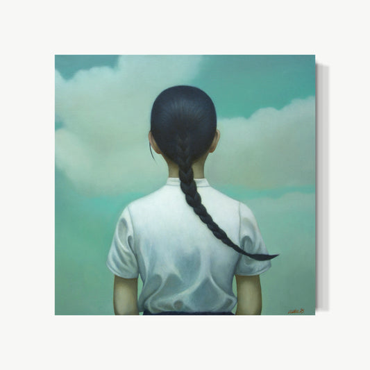 First Day of Summer – oil painting by Zhu of a girl in a white shirt seen from behind, dark braid falling down her back, facing pale green-blue early summer sky, figure at the beginning of something looking into open air