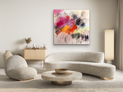 Go for It by Beth Shields in room setting — gestural abstract painting in magenta, red and orange