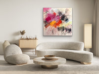 Go for It by Beth Shields in room setting — gestural abstract painting in magenta, red and orange
