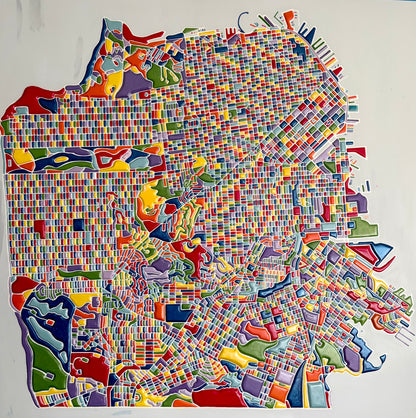 I Left My HeartS in San Francisco 24 – topographic map artwork by Miriam with San Francisco streets in thick raised acrylic relief applied through custom cake-decorating-style tool from real Google Maps data, deeply tactile and meditative with fluid organic city rhythm