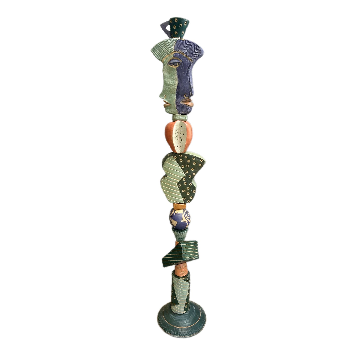 Juxtaposition 1 Ceramic Totem – hand-built ceramic totem by Zimmerman with large Cubist-inflected face split across sage and purple-blue at top, shifting organic and geometric forms below, small face at very base easy to miss and worth finding
