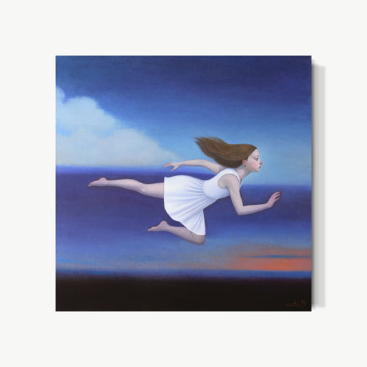 Liberation No 1 – oil painting by Zhu of young woman in white dress floating horizontally above darkening sea, arms outstretched, hair streaming, suspended between falling and flying in Magritte-influenced surrealist figurative oil painting