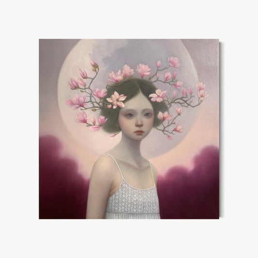 Magnolia Moon – oil painting by Zhu of young girl before full moon, dark hair crowned with pink magnolia blossoms, inward unhurried expression, magnolia as purity and feminine strength in Chinese culture in layered oil glazing