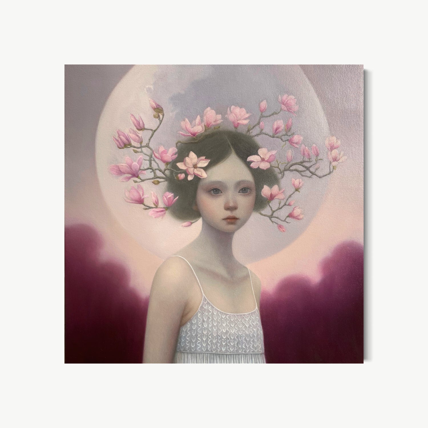 Magnolia Moon – oil painting by Zhu of young girl before full moon, dark hair crowned with pink magnolia blossoms, inward unhurried expression, magnolia as purity and feminine strength in Chinese culture in layered oil glazing