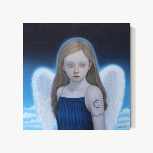 Per Aspera Ad Astra – oil painting by Zhu of girl with large pale eyes and white feathered wings against cool blue sky, crescent moon on arm, endurance rather than triumph in through-hardship-to-the-stars composition