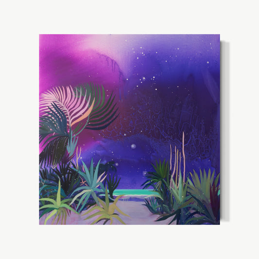 Playa Maya – oil painting by Javiera da Fonseca Ilić with tropical agave and palm leaves in foreground catching light from nowhere, sky shifting from magenta into deep violet with thin veins of paint, narrow turquoise ocean holding everything