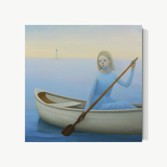 Sea Fog – oil painting by Zhu of pale figure sitting alone in small white rowboat on still grey-blue sea, oar resting, faint lighthouse barely visible through mist, solitude chosen or accepted as complete quietude