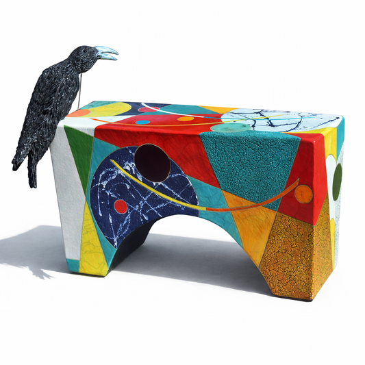 Sit With Me Bench – studio raku ceramic bench by Gustavson with bold geometric teal, red, orange, navy, yellow, and white sections, large crackled drawn circle locked by kiln, each face a distinct composition reading as whole from any angle