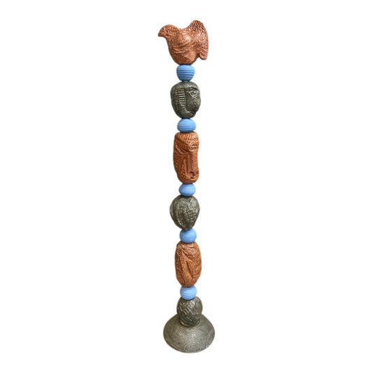 Stone Perch 4 Ceramic Totem – hand-built ceramic totem by Zimmerman with plump layered-scale bird at crown, copper-bronze and slate forms in easy rhythm below, calm direct face near middle, drawing you toward it before you have decided to move
