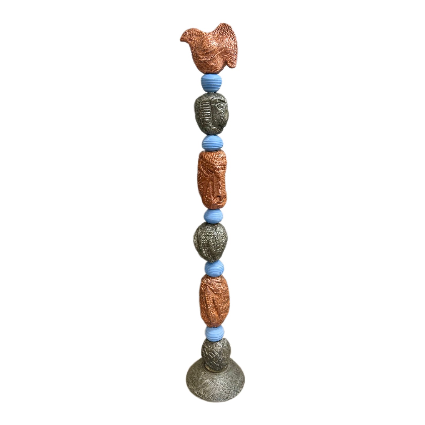 Stone Perch 4 Ceramic Totem – hand-built ceramic totem by Zimmerman with plump layered-scale bird at crown, copper-bronze and slate forms in easy rhythm below, calm direct face near middle, drawing you toward it before you have decided to move