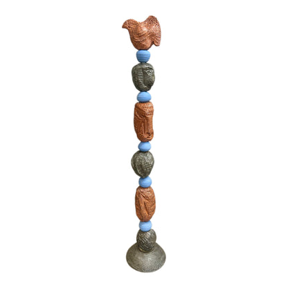 Stone Perch 4 Ceramic Totem – hand-built ceramic totem by Zimmerman with plump layered-scale bird at crown, copper-bronze and slate forms in easy rhythm below, calm direct face near middle, drawing you toward it before you have decided to move