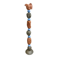 Stone Perch 4 Ceramic Totem – hand-built ceramic totem by Zimmerman with plump layered-scale bird at crown, copper-bronze and slate forms in easy rhythm below, calm direct face near middle, drawing you toward it before you have decided to move