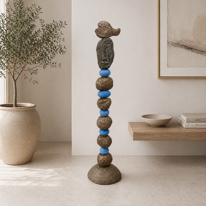 Stone Perch 5 by Zimmerman – totem outdoors in garden or indoors where textured surfaces can be appreciated up close in changing light