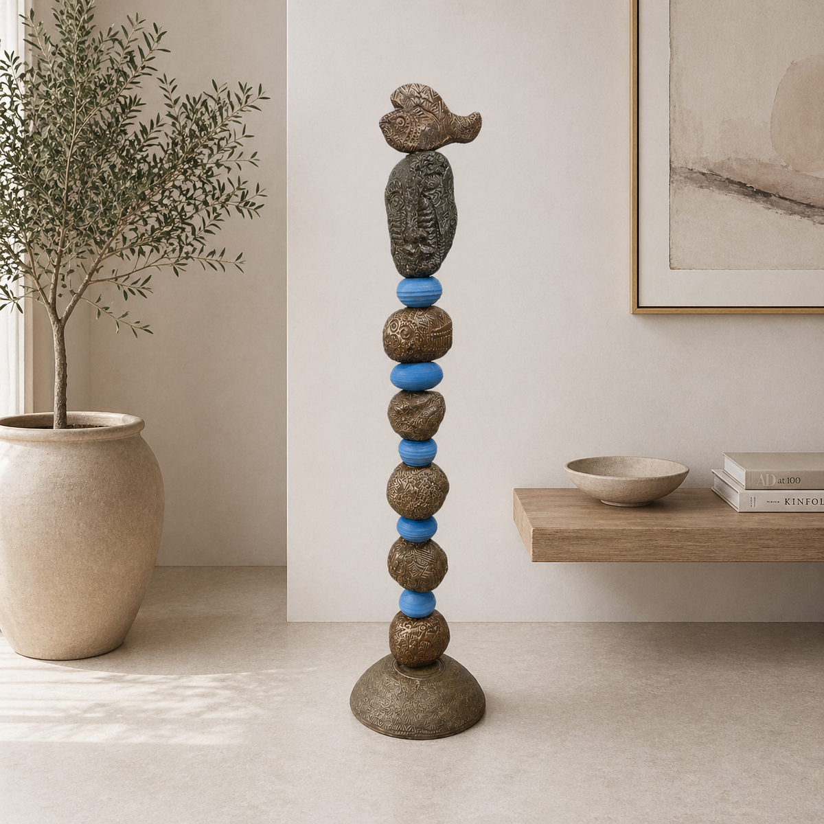 Stone Perch 5 by Zimmerman – totem outdoors in garden or indoors where textured surfaces can be appreciated up close in changing light