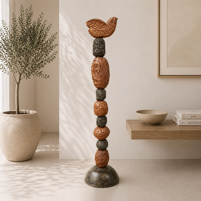 Stone Perch 2 by Zimmerman – totem in sheltered garden spot or on plinth where incised surface detail is appreciated up close