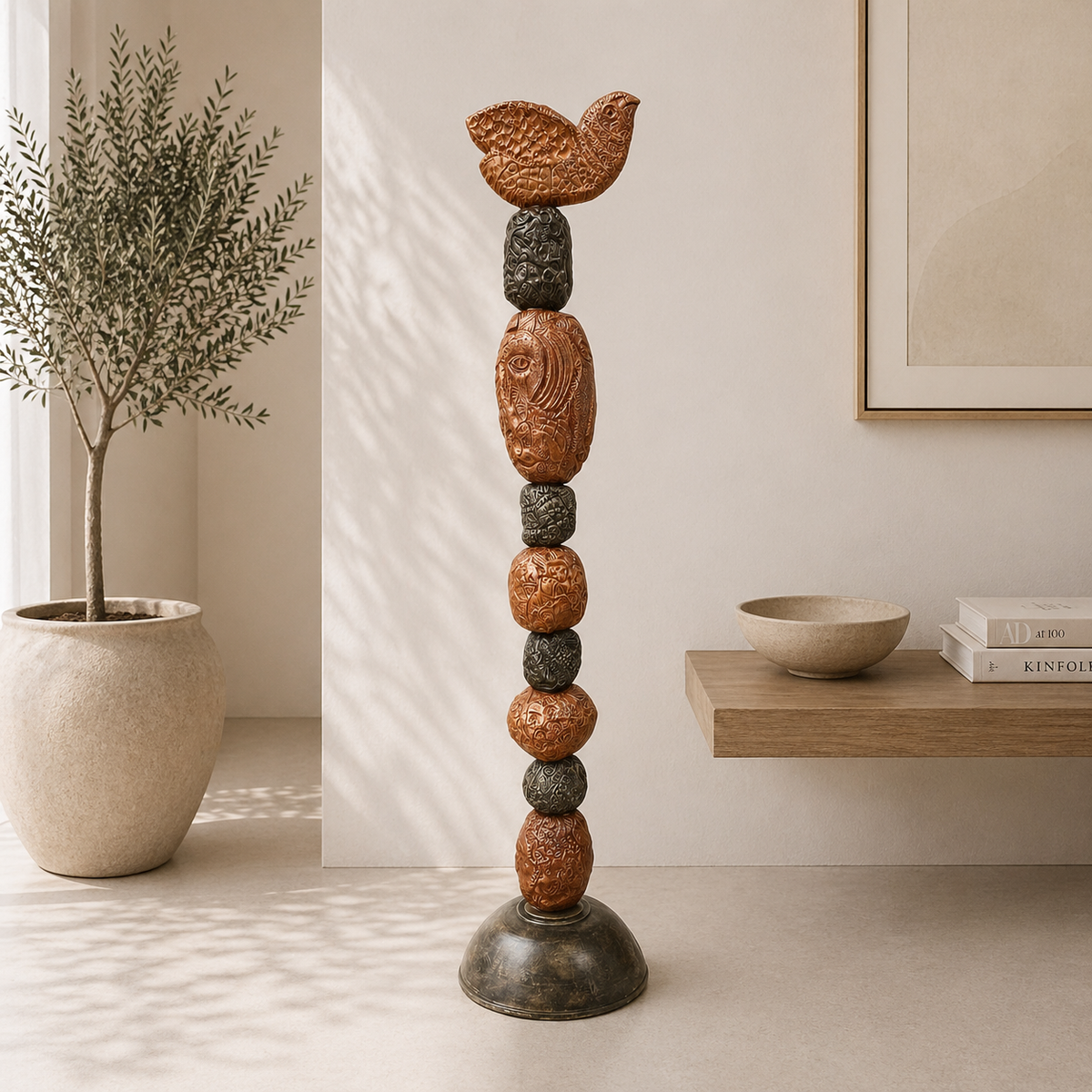 Stone Perch 2 by Zimmerman – totem in sheltered garden spot or on plinth where incised surface detail is appreciated up close