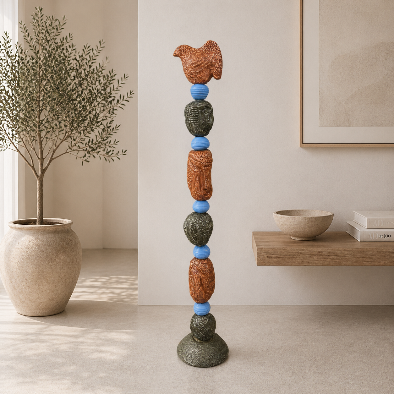 Stone Perch 4 by Zimmerman – totem indoors or outside where morning and afternoon sun move across warm copper surface
