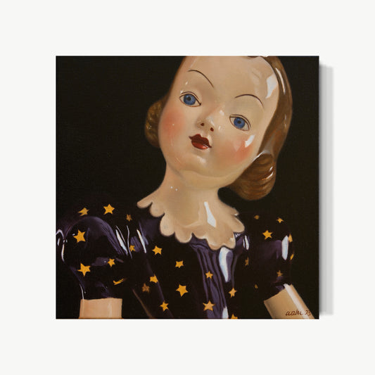 The Fragile Glitter No 2 – oil painting by Zhu of a porcelain doll with blue eyes catching light, rosy cheeks, gold stars on dark dress, rendered with same psychological attention as her child portraits in traditional multi-layered glazing