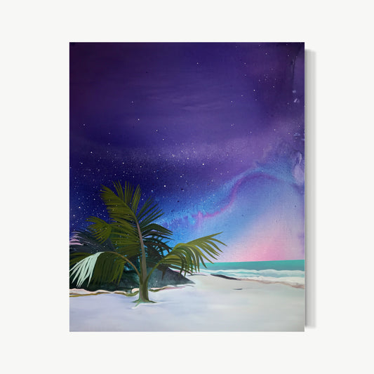Tulum – oil painting by Javiera da Fonseca Ilić with tropical agave and palm leaves in foreground against magenta-to-violet charged night sky, narrow turquoise ocean line holding vegetation and darkness together