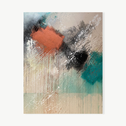 The Journey – abstract painting by Shields at 56 by 44 inches on raw canvas with warm copper form upper left, dense black vortex at center, and teal breaking through right, connected by drips and splatter tracing the path between