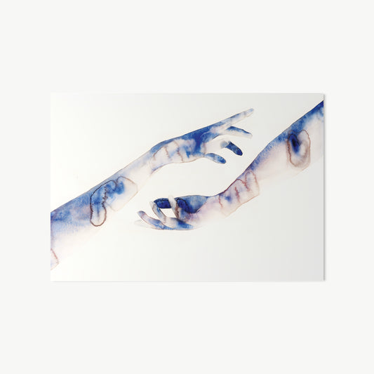 Blue Wave – watercolor by Cuddemi with hand reaching, holding, or almost touching, set against white with enough space to breathe, hand as whole conversation without needing faces in biomedical-engineer-turned-artist practice