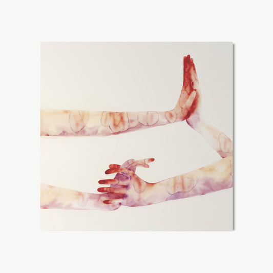 Contact – watercolor by Cuddemi with two hands reaching or almost touching across white breathing space, hand as whole conversation where connection begins and is most honestly felt without needing faces