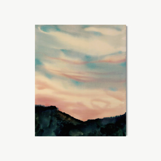 Horizon – watercolor landscape by Cuddemi at edge of something vast where land meets sea and earth dissolves into sky, boundaries blurred until place becomes feeling in quiet expansive mood between solitude and peace