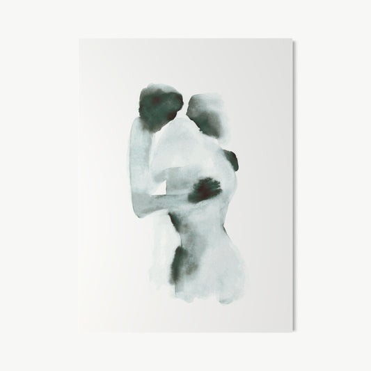 Hug II – watercolor by Cuddemi with universal embrace rendered spare, no faces, no setting, watercolor softening edges until two figures become briefly one, painted as warmth and weight rather than sharp detail